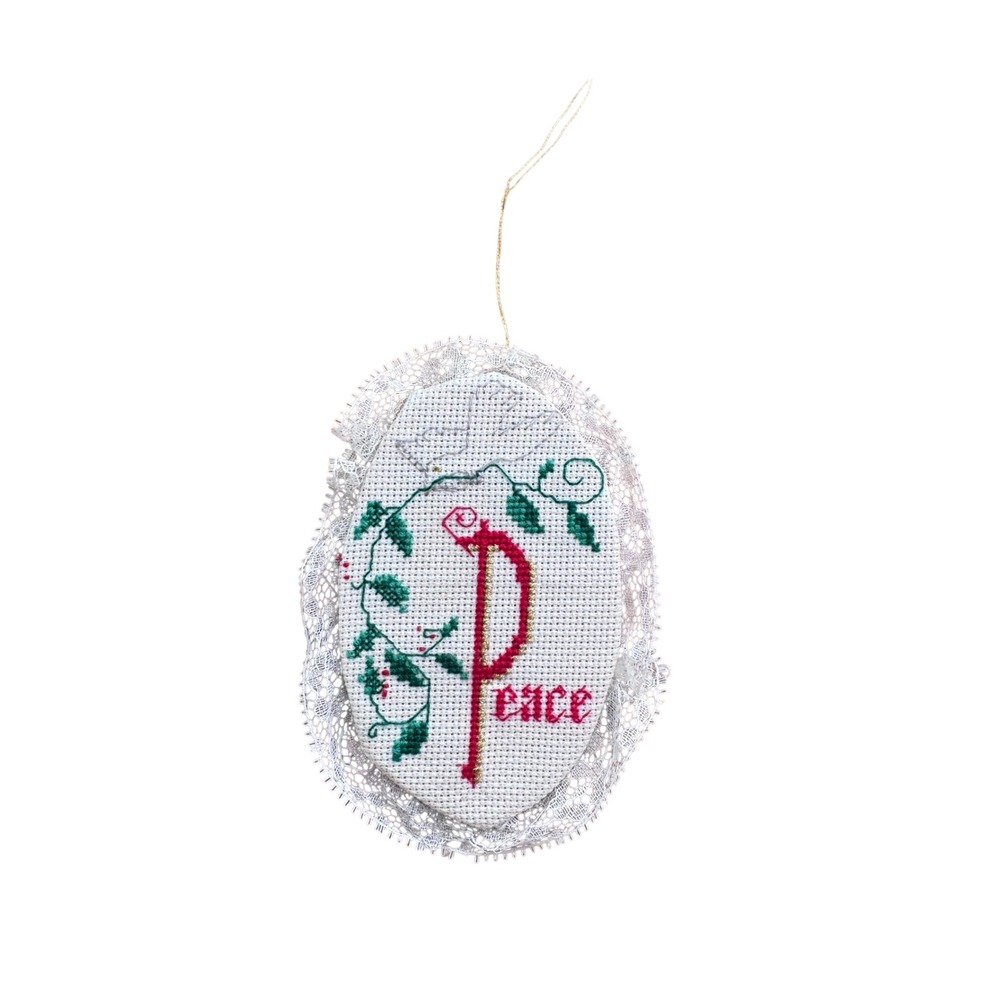 Vintage‎ 1994 Handmade Needlepoint Peace Christmas Ornament Lace Trim Victorian